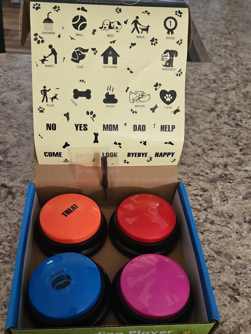 Dog training buttons. Orange, Red, Blue, Pink